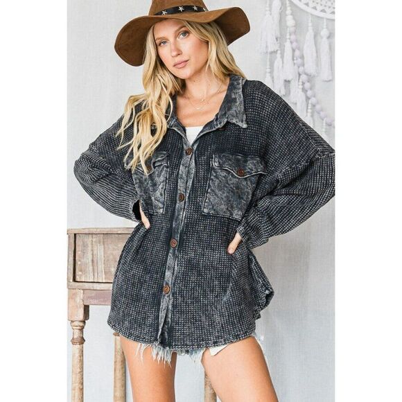 BUCKETLIST Tops - BUCKETLIST Waffle Knit Charcoal Women's Shacket Acid Wash Oversized New T1504